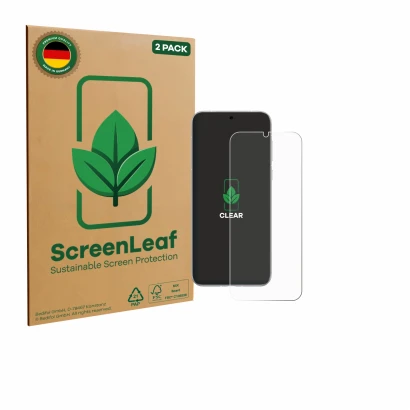 Face avant d’un emballage produit avec le logo de la marque ScreenLeaf. À côté, l’appareil Huawei Pura 80 Ultra est représenté