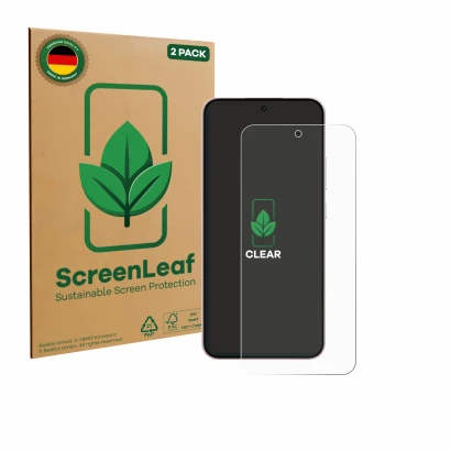 Face avant d’un emballage produit avec le logo de la marque ScreenLeaf. À côté, l’appareil Oppo Reno 14 F est représenté avec 