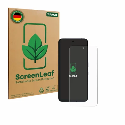 Face avant d’un emballage produit avec le logo de la marque ScreenLeaf. À côté, l’appareil Nothing Phone (3) est représenté av