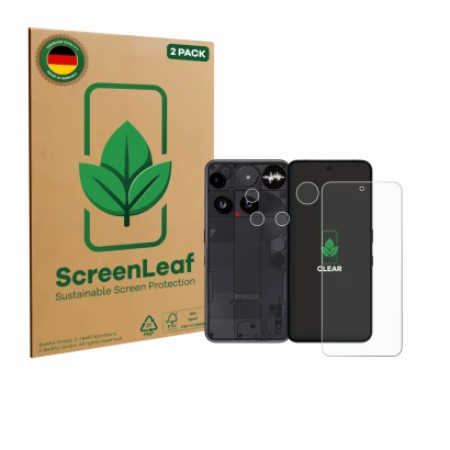 Face avant d’un emballage produit avec le logo de la marque ScreenLeaf. À côté, l’appareil Nothing Phone (3) (Avant+Caméra) es
