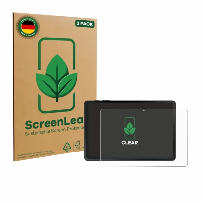 Face avant d’un emballage produit avec le logo de la marque ScreenLeaf. À côté, l’appareil Doogee Tab A9 est représenté avec l