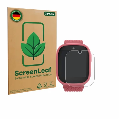 Face avant d’un emballage produit avec le logo de la marque ScreenLeaf. À côté, l’appareil Xplora X6 Play 2025 (2ème génératio