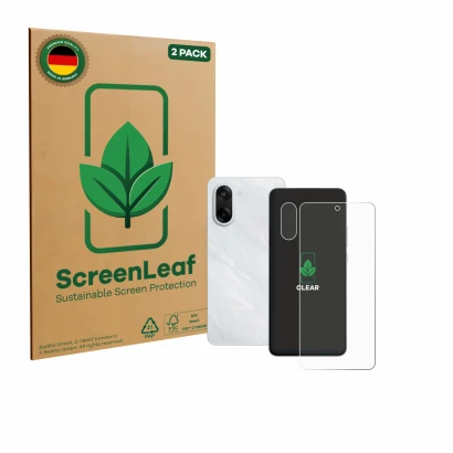 Face avant d’un emballage produit avec le logo de la marque ScreenLeaf. À côté, l’appareil OnePlus Nord CE 5 (Avant+Caméra) es