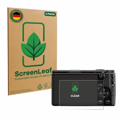 Face avant d’un emballage produit avec le logo de la marque ScreenLeaf. À côté, l’appareil Ricoh GR IV 2025 est représenté ave