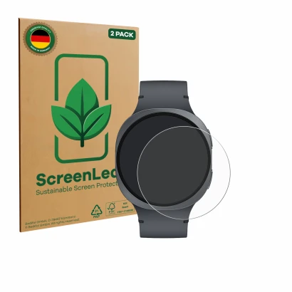 Face avant d’un emballage produit avec le logo de la marque ScreenLeaf. À côté, l’appareil Samsung Galaxy Watch 8 (44 mm) est 
