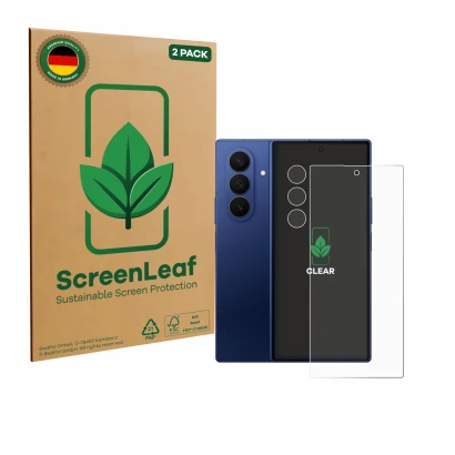 Face avant d’un emballage produit avec le logo de la marque ScreenLeaf. À côté, l’appareil Samsung Galaxy Z Fold 7 (Avant+Camé