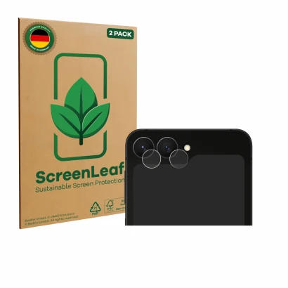 Face avant d’un emballage produit avec le logo de la marque ScreenLeaf. À côté, l’appareil Samsung Galaxy Z Flip 7 FE (Caméra 