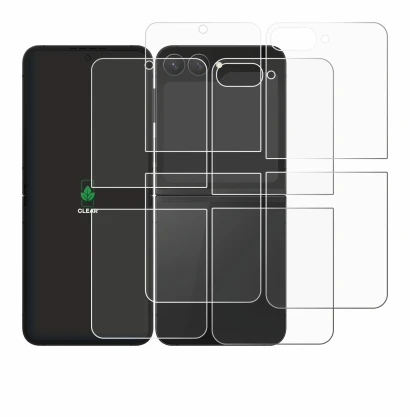 Image de l'appareil Samsung Galaxy Z Flip 7 FE (Avant+Arrière) avec une grande variété de protections d'écran.