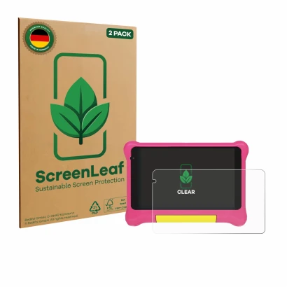 Face avant d’un emballage produit avec le logo de la marque ScreenLeaf. À côté, l’appareil Happybe Kids Tablet 7" est représen
