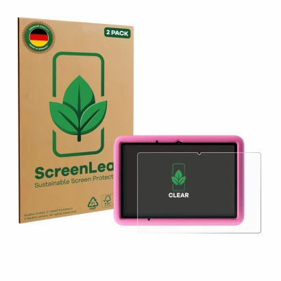 Face avant d’un emballage produit avec le logo de la marque ScreenLeaf. À côté, l’appareil Blackview Tab A6 Kids est représent