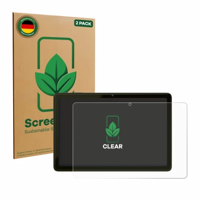 Face avant d’un emballage produit avec le logo de la marque ScreenLeaf. À côté, l’appareil VALE Tablet V10A est représenté ave