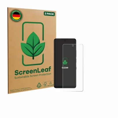 Face avant d’un emballage produit avec le logo de la marque ScreenLeaf. À côté, l’appareil TCL 50 Pro NXTPaper 5G est représen
