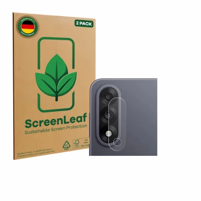 Face avant d’un emballage produit avec le logo de la marque ScreenLeaf. À côté, l’appareil OnePlus Nord 5 (Caméra UNIQUEMENT) 