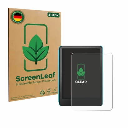 Face avant d’un emballage produit avec le logo de la marque ScreenLeaf. À côté, l’appareil Amazon Kindle Colorsoft Kids est re