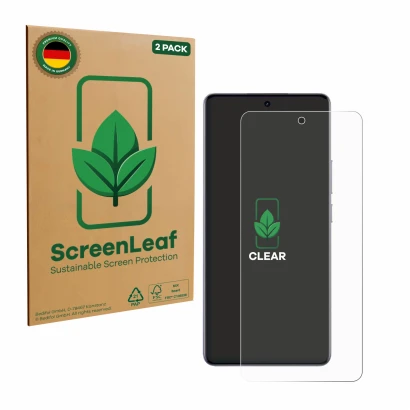 Face avant d’un emballage produit avec le logo de la marque ScreenLeaf. À côté, l’appareil realme 15 Pro est représenté avec l