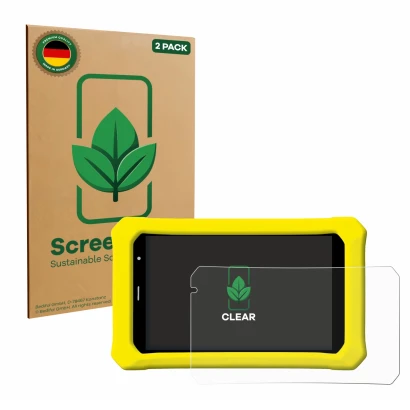 Face avant d’un emballage produit avec le logo de la marque ScreenLeaf. À côté, l’appareil Clementoni Clempad 8" PRO est repré