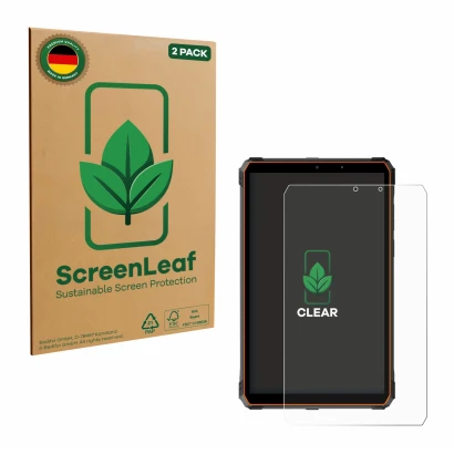 Face avant d’un emballage produit avec le logo de la marque ScreenLeaf. À côté, l’appareil Blackview Active 5 est représenté a