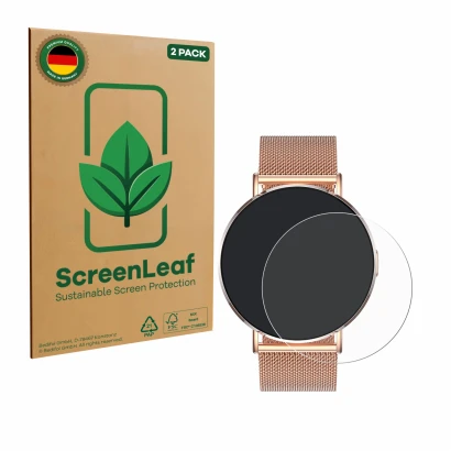 Face avant d’un emballage produit avec le logo de la marque ScreenLeaf. À côté, l’appareil Levowatch Eve 1.3" est représenté a