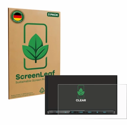 Face avant d’un emballage produit avec le logo de la marque ScreenLeaf. À côté, l’appareil Kenwood DMX8021DABS est représenté 
