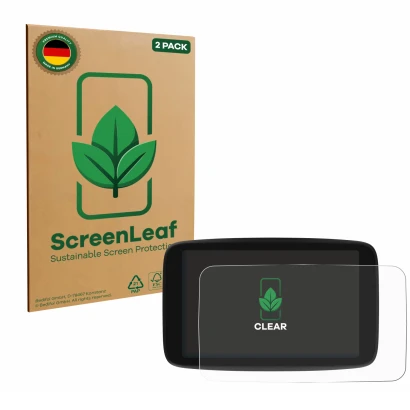 Face avant d’un emballage produit avec le logo de la marque ScreenLeaf. À côté, l’appareil TomTom Go Navigator 7 (2ème générat