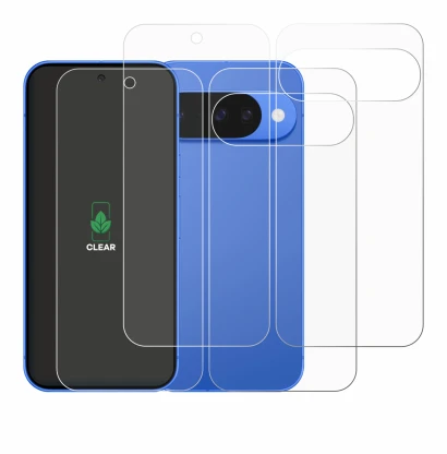Image de l'appareil Google Pixel 10 (Avant+Arrière) avec une grande variété de protections d'écran.