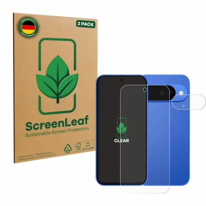 Face avant d’un emballage produit avec le logo de la marque ScreenLeaf. À côté, l’appareil Google Pixel 10 (Avant+Caméra) est 
