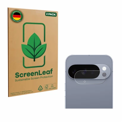 Face avant d’un emballage produit avec le logo de la marque ScreenLeaf. À côté, l’appareil Google Pixel 10 Pro (Caméra UNIQUEM