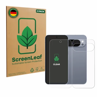 Face avant d’un emballage produit avec le logo de la marque ScreenLeaf. À côté, l’appareil Google Pixel 10 Pro (Avant+Arrière)