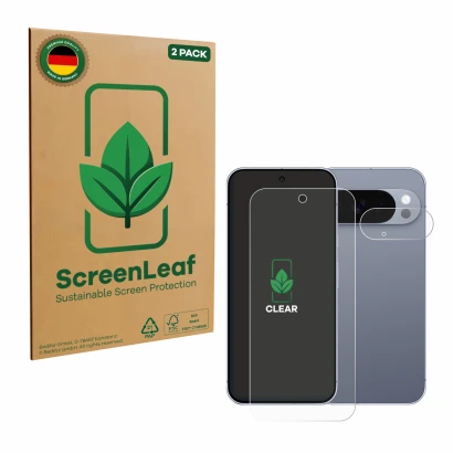 Face avant d’un emballage produit avec le logo de la marque ScreenLeaf. À côté, l’appareil Google Pixel 10 Pro (Avant+Caméra) 