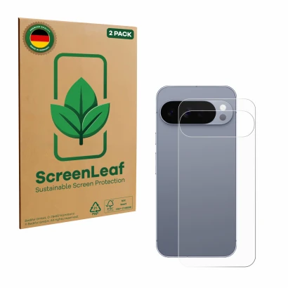 Face avant d’un emballage produit avec le logo de la marque ScreenLeaf. À côté, l’appareil Google Pixel 10 Pro XL (Arrière) es