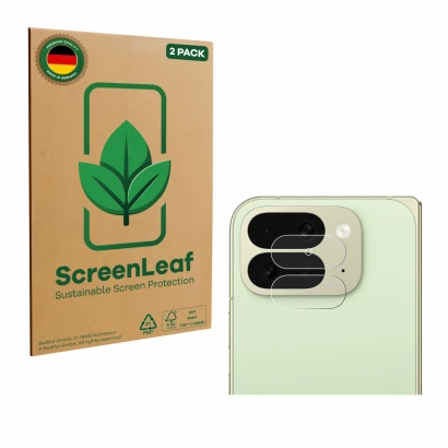 Face avant d’un emballage produit avec le logo de la marque ScreenLeaf. À côté, l’appareil Google Pixel 10 Pro Fold (Caméra UN