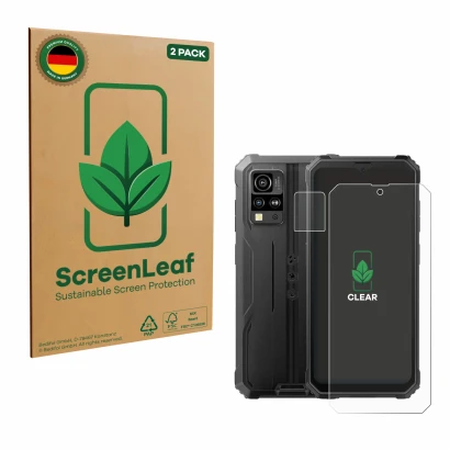 Face avant d’un emballage produit avec le logo de la marque ScreenLeaf. À côté, l’appareil Blackview BV4800 (Avant+Caméra) est