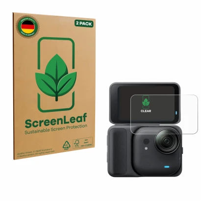 Face avant d’un emballage produit avec le logo de la marque ScreenLeaf. À côté, l’appareil Insta360 Go Ultra est représenté av