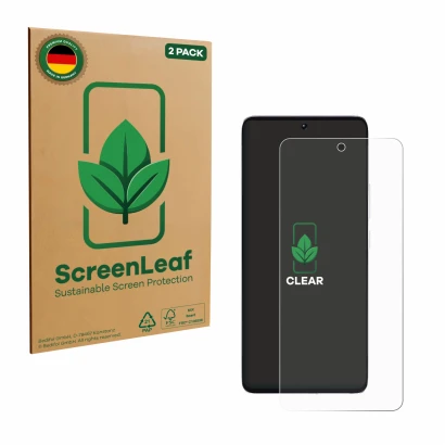 Face avant d’un emballage produit avec le logo de la marque ScreenLeaf. À côté, l’appareil Xiaomi Poco M7 Pro 4G est représent
