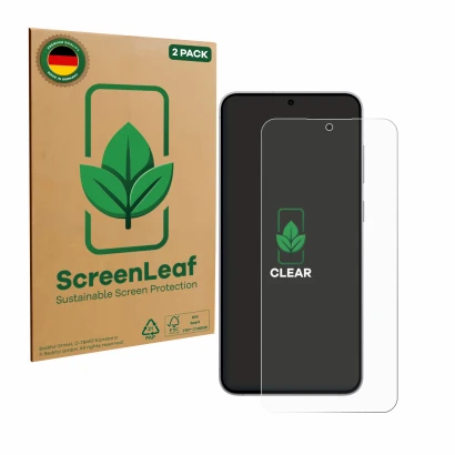 Face avant d’un emballage produit avec le logo de la marque ScreenLeaf. À côté, l’appareil Samsung Galaxy S25 FE est représent