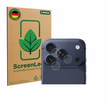 Face avant d’un emballage produit avec le logo de la marque ScreenLeaf. À côté, l’appareil Apple iPhone 17 Pro (Caméra UNIQUEM