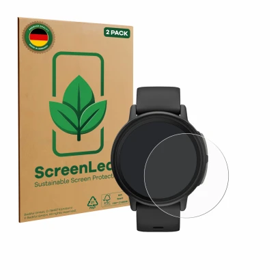 Face avant d’un emballage produit avec le logo de la marque ScreenLeaf. À côté, l’appareil Garmin Bounce 2 est représenté avec