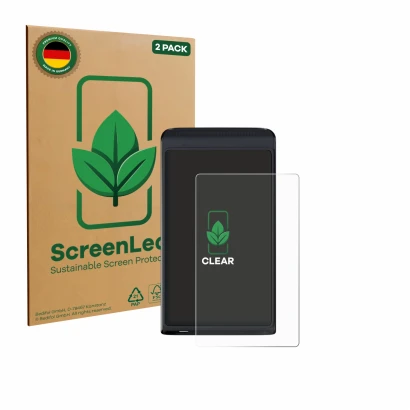 Face avant d’un emballage produit avec le logo de la marque ScreenLeaf. À côté, l’appareil Vasco Translator Q1 est représenté 