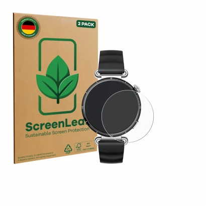 Face avant d’un emballage produit avec le logo de la marque ScreenLeaf. À côté, l’appareil Huawei Watch GT 6 (41 mm) est repré