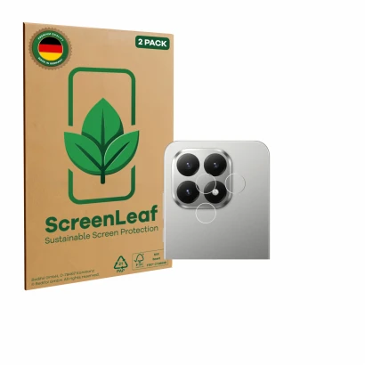 Face avant d’un emballage produit avec le logo de la marque ScreenLeaf. À côté, l’appareil Xiaomi 15T (Caméra UNIQUEMENT) est 