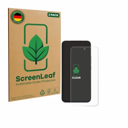 Face avant d’un emballage produit avec le logo de la marque ScreenLeaf. À côté, l’appareil Xiaomi 15T Pro est représenté avec 
