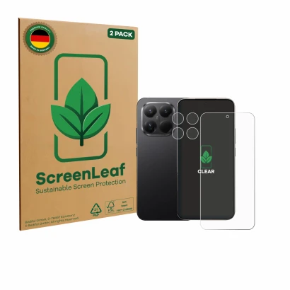 Face avant d’un emballage produit avec le logo de la marque ScreenLeaf. À côté, l’appareil Xiaomi 15T Pro (Avant+Caméra) est r