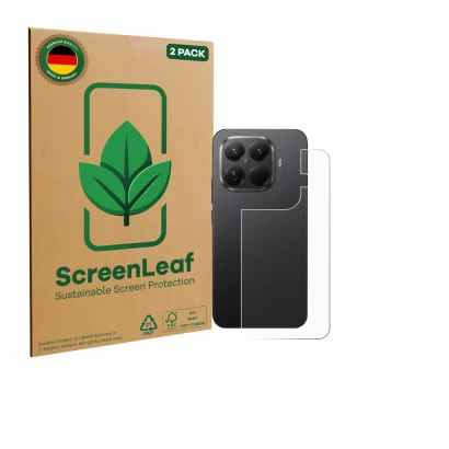 Face avant d’un emballage produit avec le logo de la marque ScreenLeaf. À côté, l’appareil Xiaomi 15T Pro (Arrière) est représ