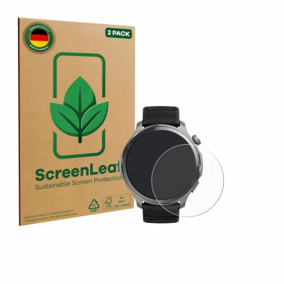 Face avant d’un emballage produit avec le logo de la marque ScreenLeaf. À côté, l’appareil Huami Amazfit Balance 2 XT est repr