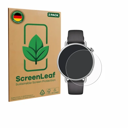 Face avant d’un emballage produit avec le logo de la marque ScreenLeaf. À côté, l’appareil Xiaomi Watch S4 (41 mm) est représe