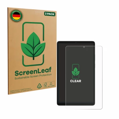 Face avant d’un emballage produit avec le logo de la marque ScreenLeaf. À côté, l’appareil Samsung Galaxy Tab A11 8.7" est rep