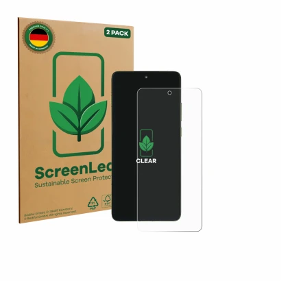Face avant d’un emballage produit avec le logo de la marque ScreenLeaf. À côté, l’appareil Motorola Edge 70 est représenté ave