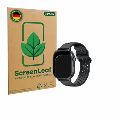 Face avant d’un emballage produit avec le logo de la marque ScreenLeaf. À côté, l’appareil Jugeman P131 2.06" est représenté a