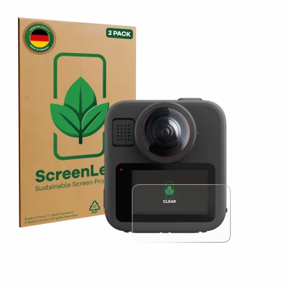 Face avant d’un emballage produit avec le logo de la marque ScreenLeaf. À côté, l’appareil GoPro Max 2 est représenté avec la 
