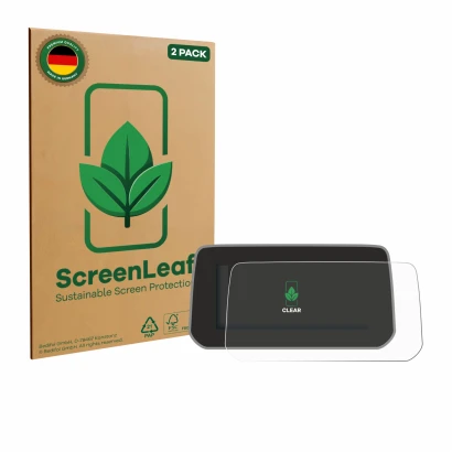 Face avant d’un emballage produit avec le logo de la marque ScreenLeaf. À côté, l’appareil Mazda CX-5 2020 est représenté avec